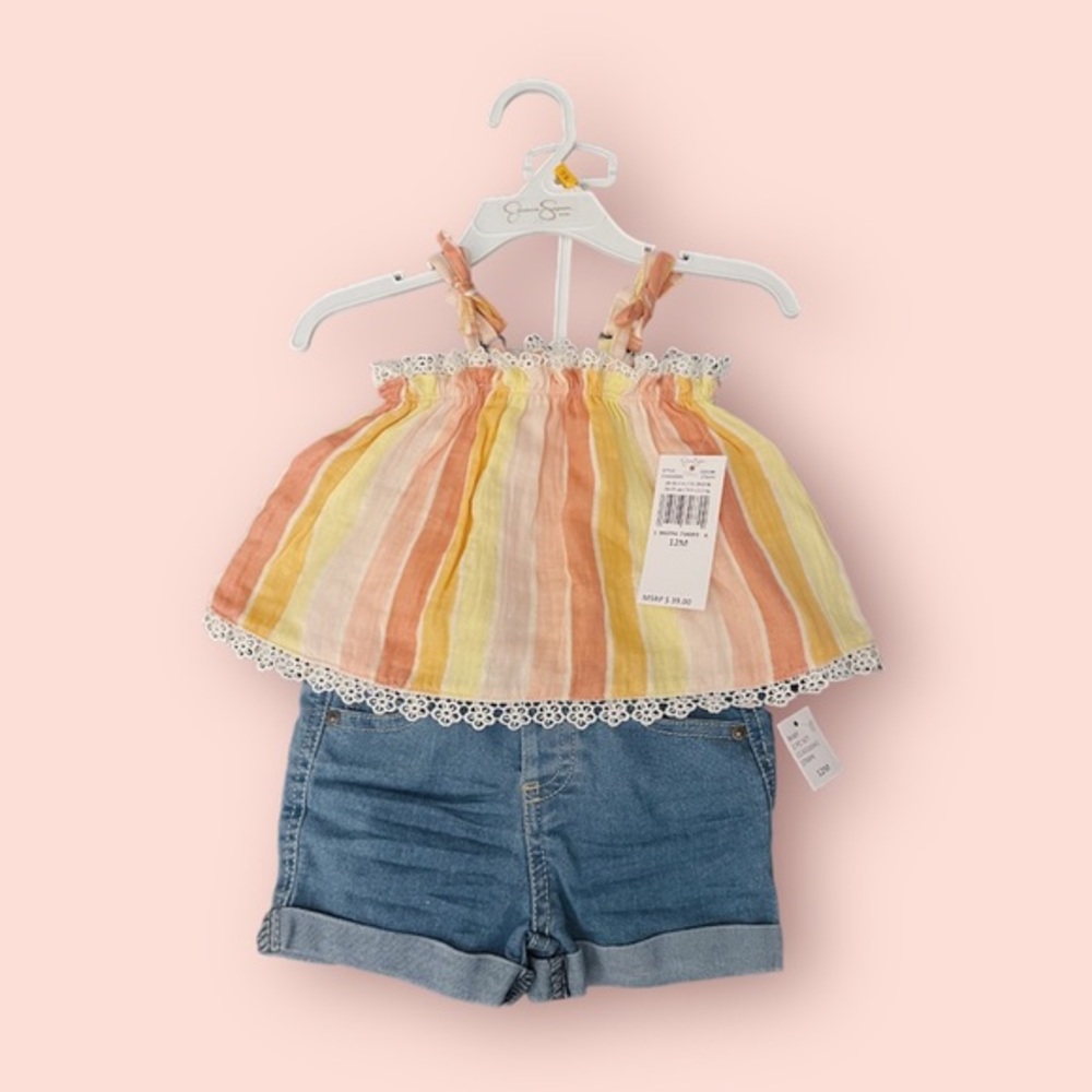[FREE SHIPPING] Jessica Simpson Girl’s Striped Tank & Denim Shorts Set